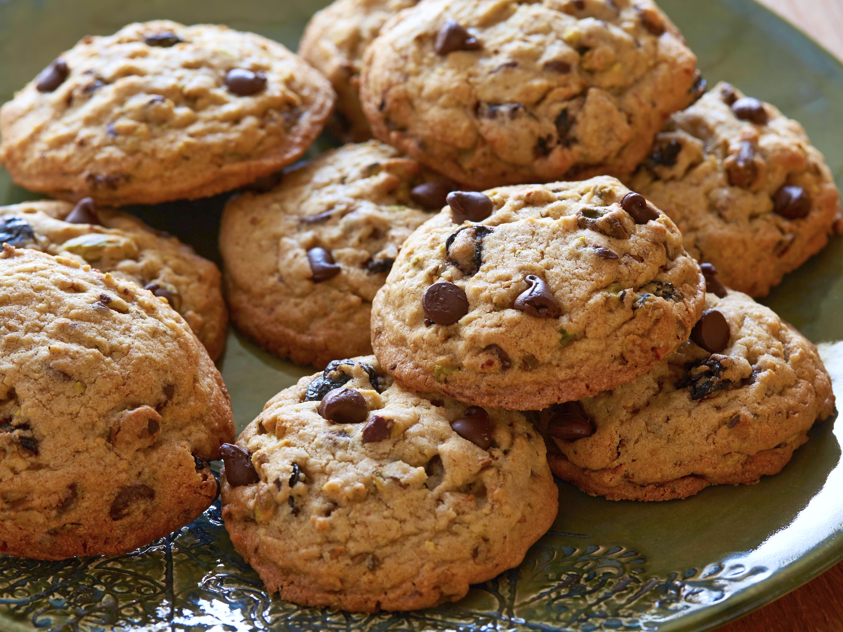 A plate of freshly baked chocolate chip cookies